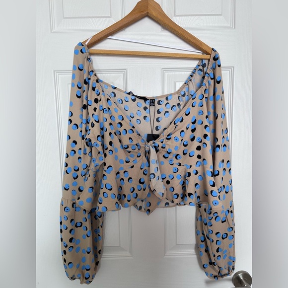 4/$20 Vero Moda polka dot ruffle blue balloon sleeve tie knot blouse- size XL - Picture 4 of 11
